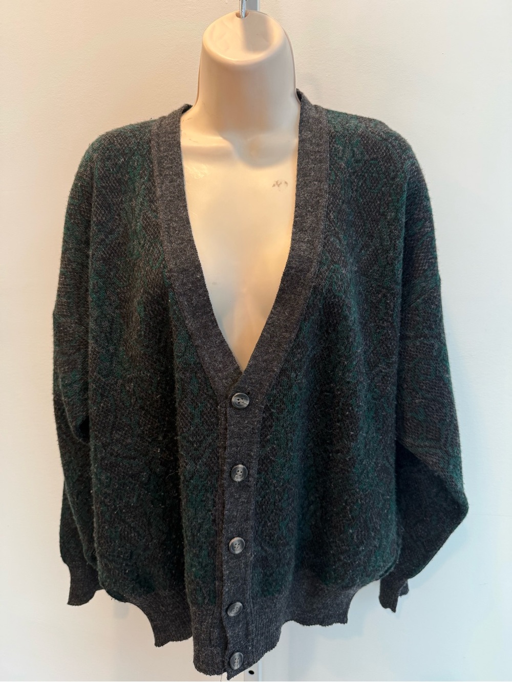 Vintage John Ashford Deep V-Neck Cardigan Dark Gray Forest Green Size L Y2K